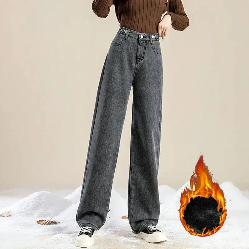 Winter Plush Thermal High Waist Jeans For Women Fleece Lined Pants