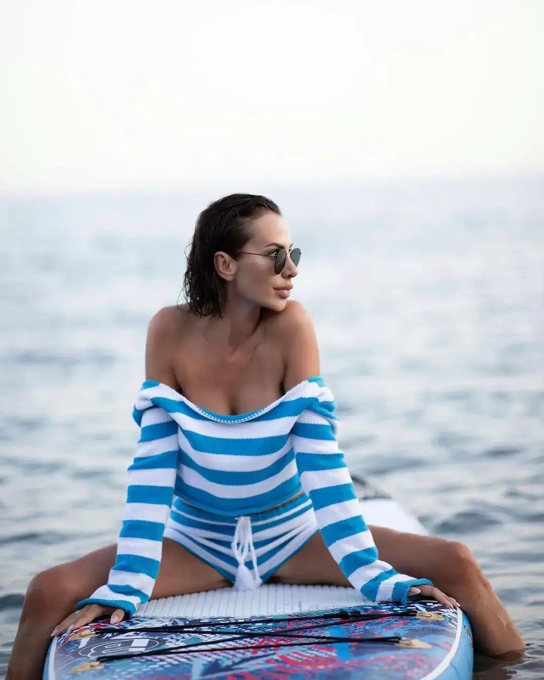 Striped Knit Two Piece Set Off Shoulder Top and Shorts Casual Fashion