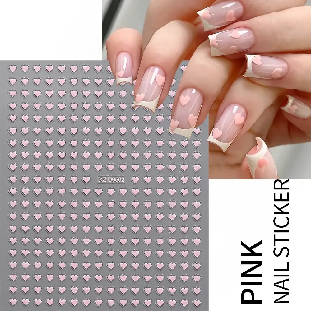 8pc 3D heart nail sticker sheet with pink hearts; self-adhesive decals for Valentine's manicure