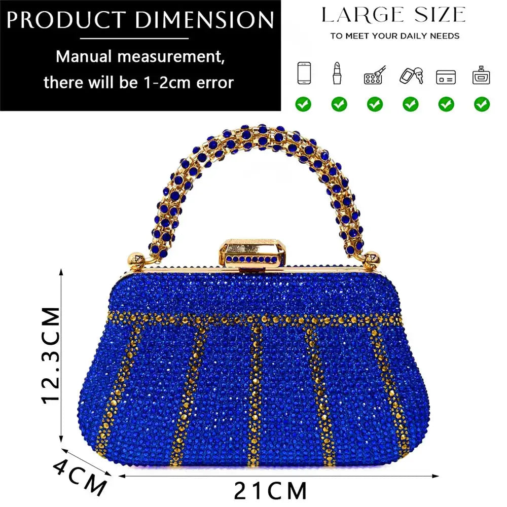 Simples Market blue rhinestone evening clutch with gold-tone frame and jeweled handle