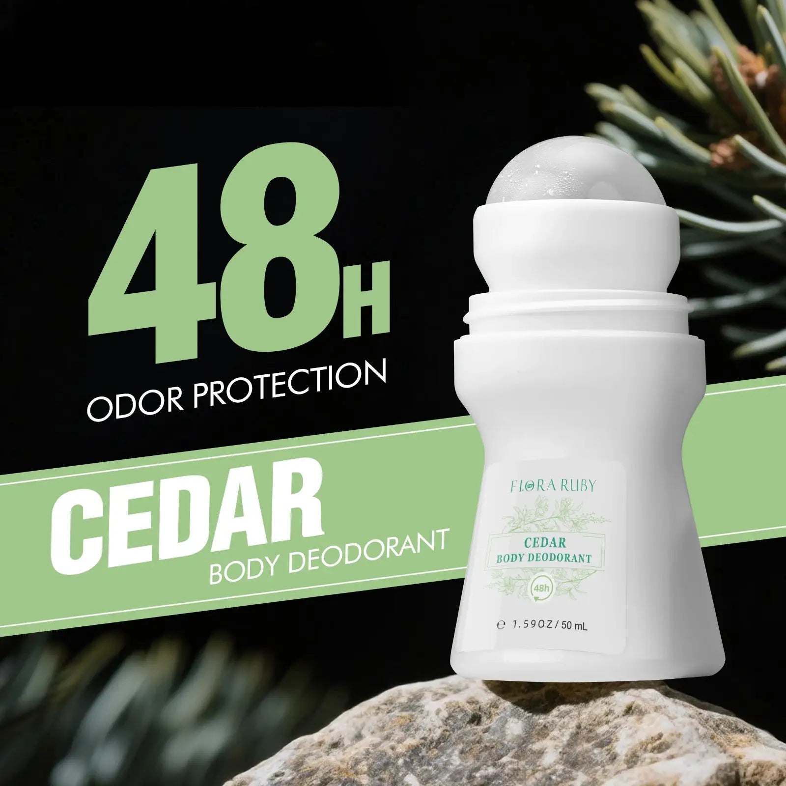 Flora Ruby cedar body deodorant roll-on, white bottle with green label, 50 ml (1 pc)