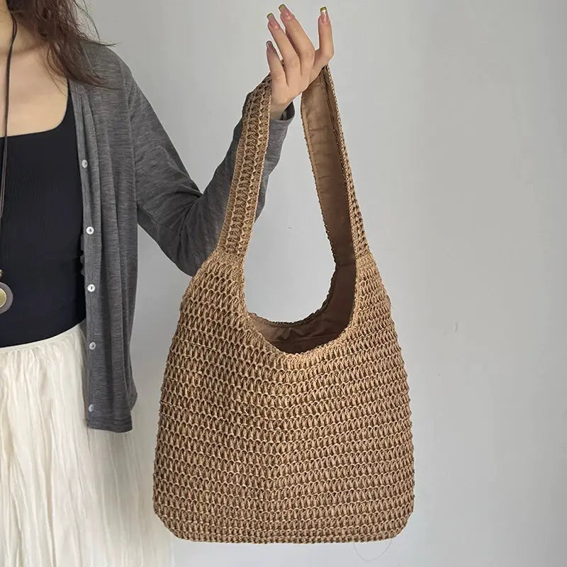 Simples Market fashion rattan shoulder bag, woven straw tote with large capacity, natural brown