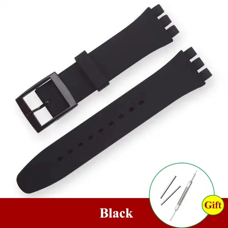 Simples Market black silicone Swatch watch band, two-piece 16–20mm replacement strap with buckle.