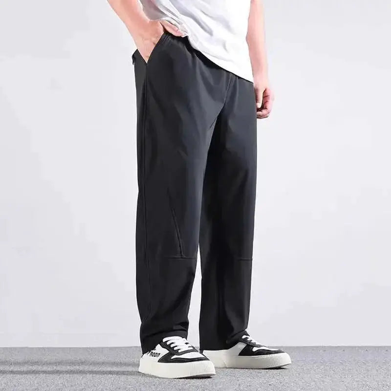 Men's 10XL black casual pants with elastic waist and straight loose fit