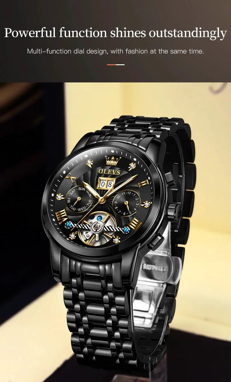 OLEVS Classic men's tourbillon watch, black stainless steel bracelet with gold-tone accents and multi-function dial