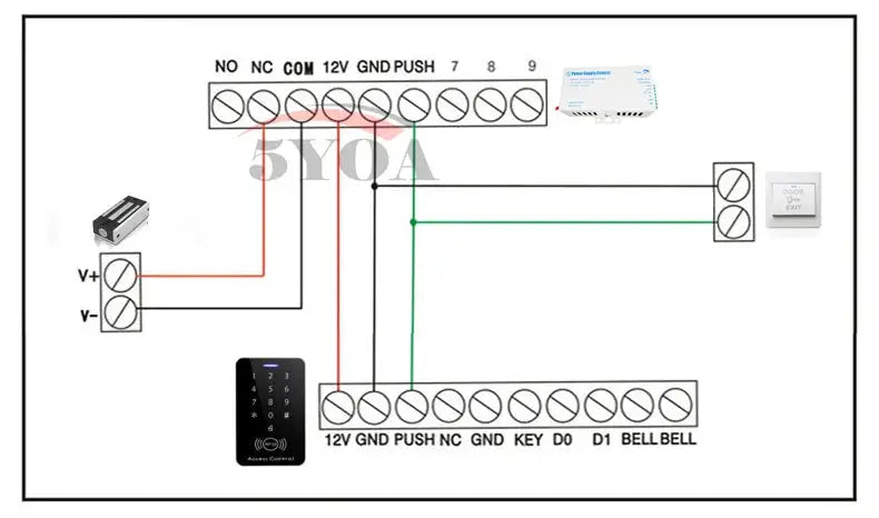5YOA magnetic lock wiring diagram for electronic door lock/access control with 12V supply and keypad