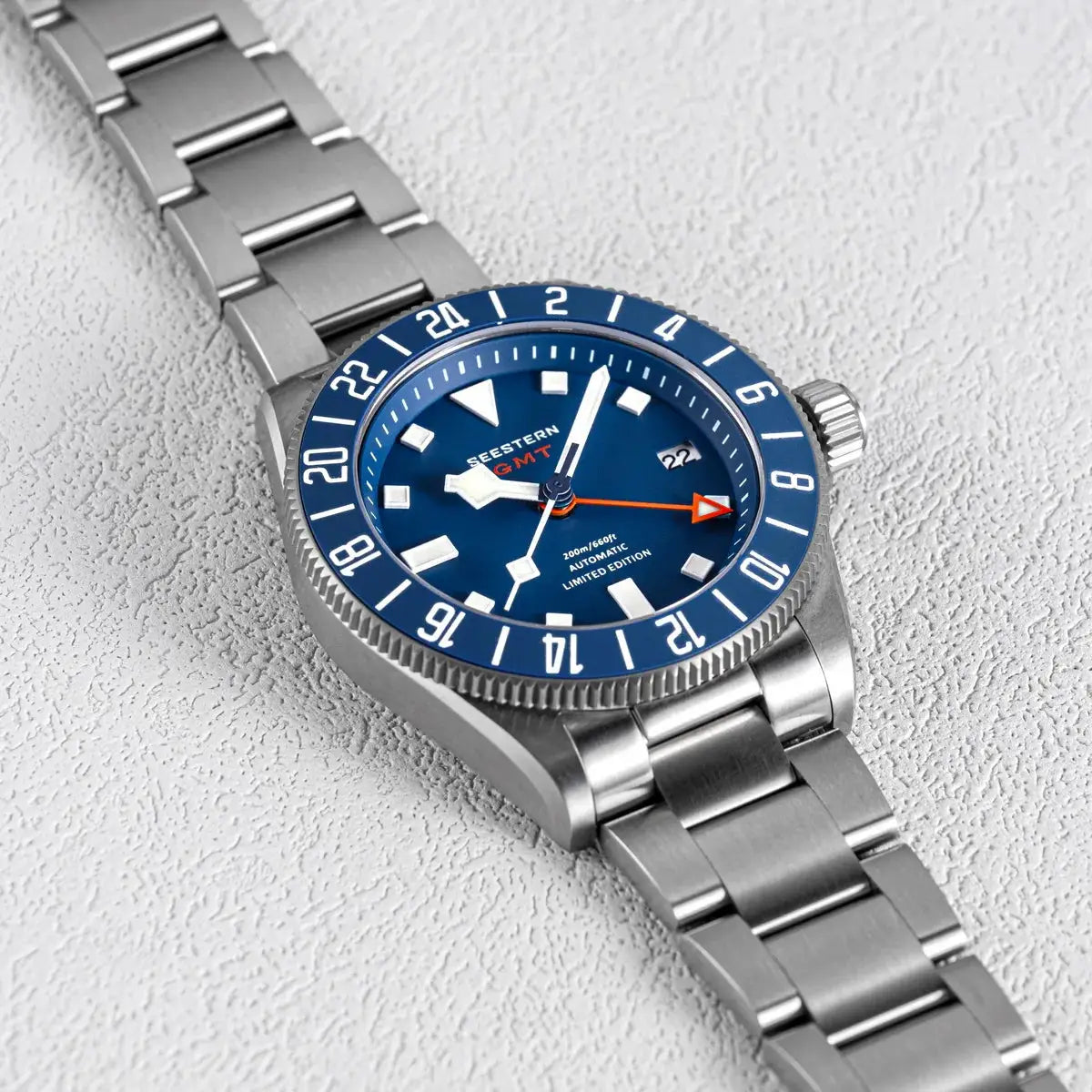Seestern Diver Man watch with blue dial, blue bezel, GMT, sapphire crystal, 200m water resistant.