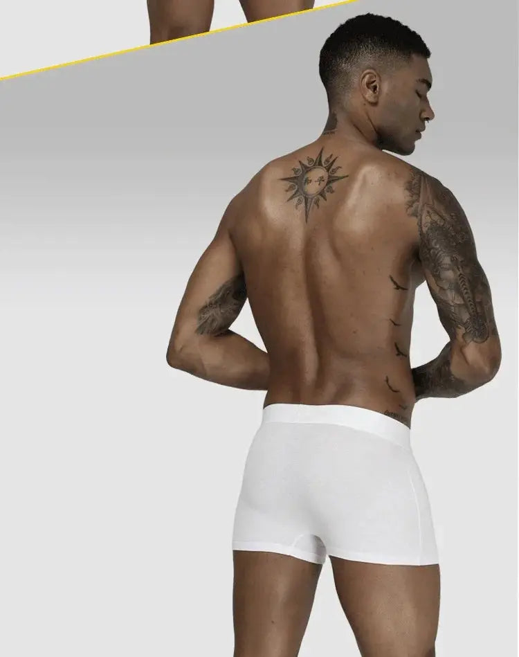 Simples Market men's white cotton boxer briefs with U-pouch, back view