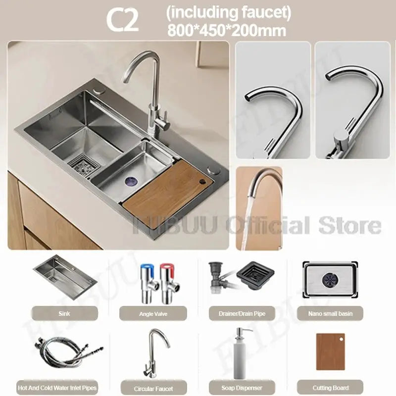 304 Stainless Steel Kitchen Sink, large single bowl, undercounter/topmount 800x450x200mm with faucet, Simples Market