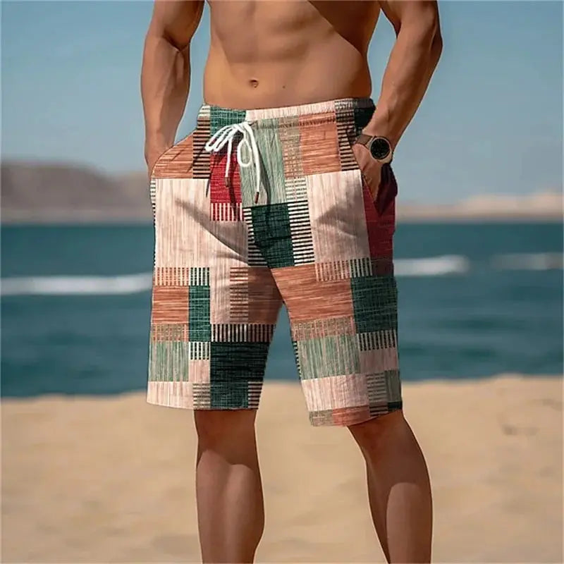 Men's square splicing beach shorts in colorful plaid patchwork, quick-dry swim trunks.