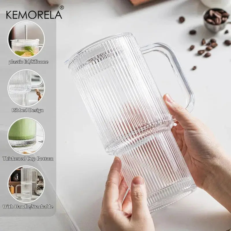 760ML Ribbed Glass Tumbler With Handle Lid For Cold And Hot Beverages Large Iced Coffee Cups With Straws Glass Mug