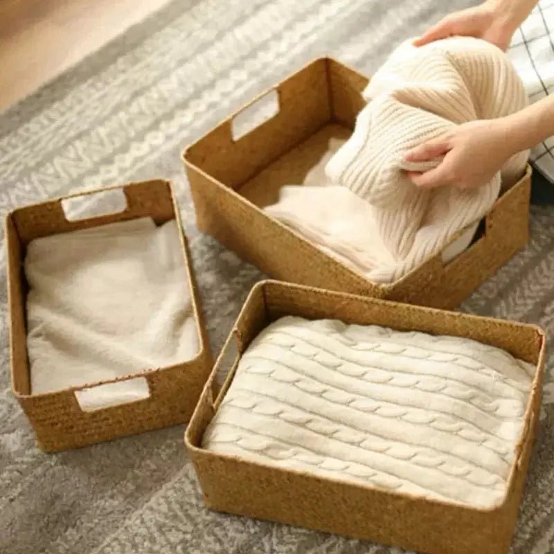 Woven Seagrass Storage Basket Stackable For Home Decor Natural Wicker Basket Kitchen Table Organization Rattan - Simples Market