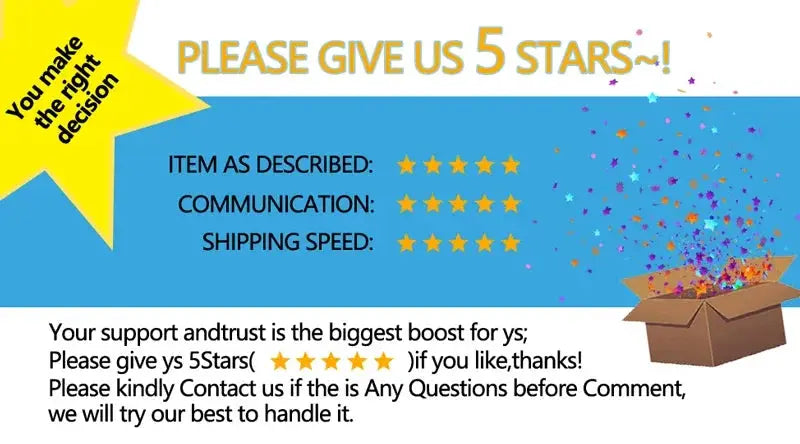 Promotional banner urging five-star reviews with a yellow starburst, blue panel, rating stars, confetti and an open box.