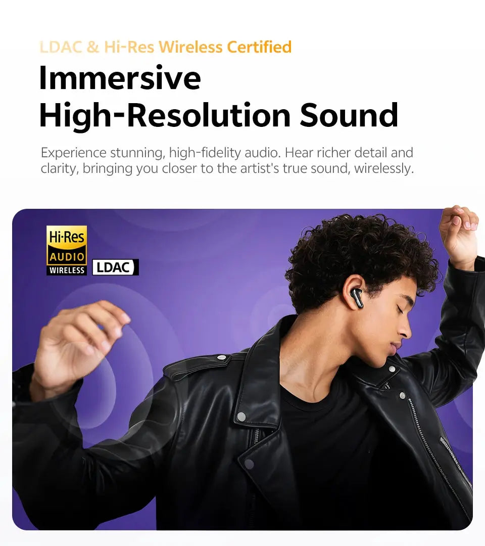 QCY MeloBuds N70 wireless earbuds from Simples Market with LDAC Hi-Res logos; black earbuds in ear.