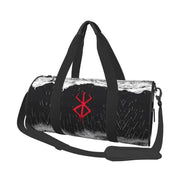 Japan anime Bereserk gym bag: black duffel with red rune symbol and white waves, top handles and shoulder strap.