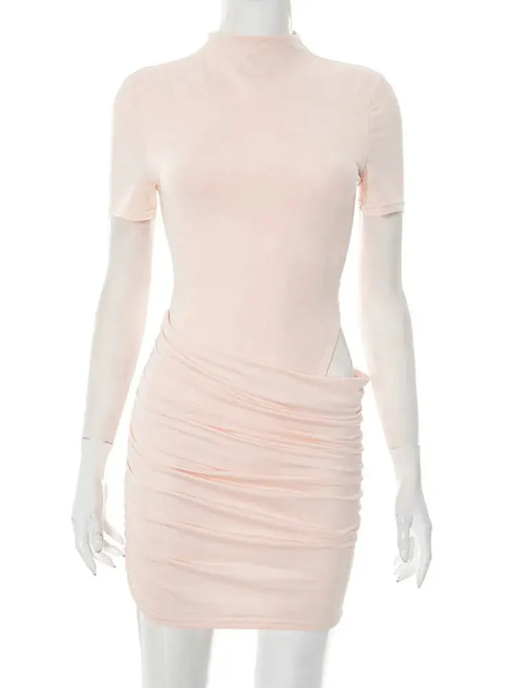 Mozision Hollow Out Ruched Mini Dress Half High Collar Club Party