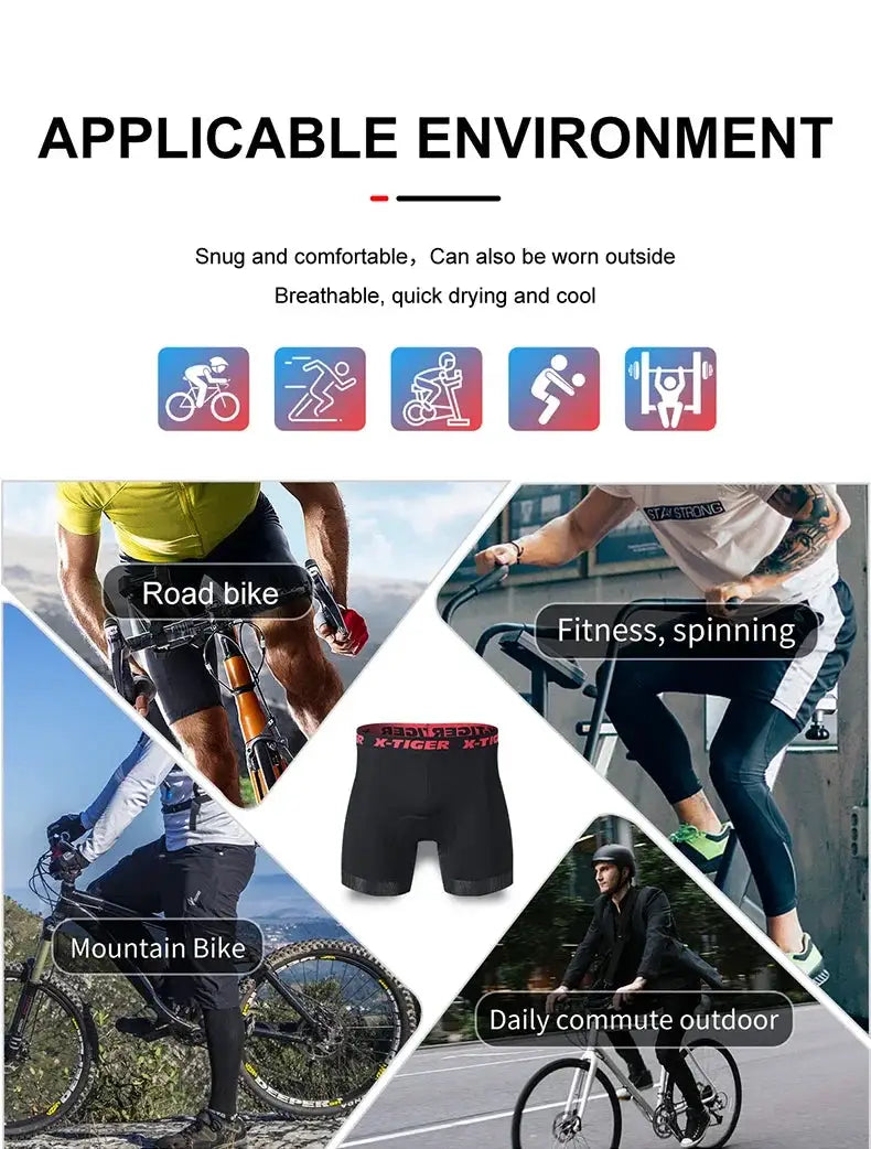 X-TIGER men's cycling underwear shorts, 5D padded, breathable liner, anti-slip leg grips, Simples Market