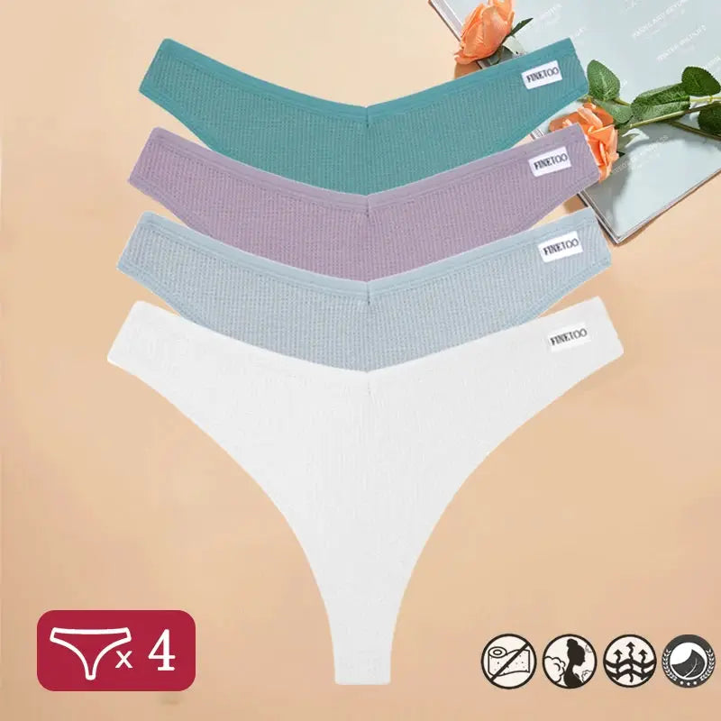 4-pack waffle cotton women's V-waist thong underwear set in teal, lavender, light blue, and white by Simples Market.