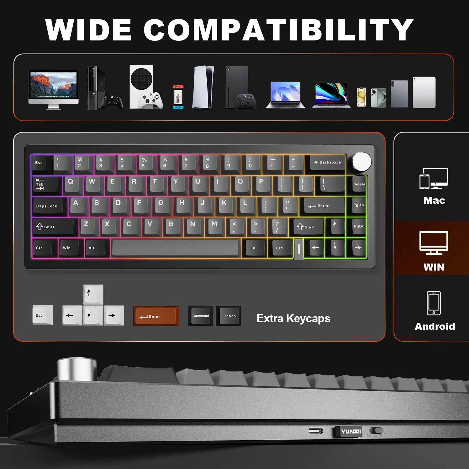 YUNZII AL68 silver wireless mechanical keyboard with RGB backlighting and a knob, aluminum chassis
