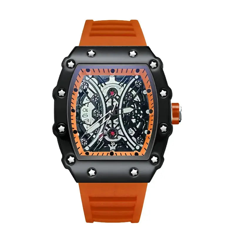 Light Luxury Brand Mens Wine Barrel Dial Quartz Watch with Night Glow and Calendar Durable Silicone Band