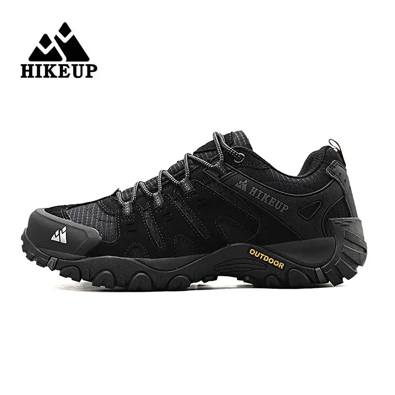 HIKEUP Men's hiking shoes, black suede leather outdoor sneakers with rugged outsole