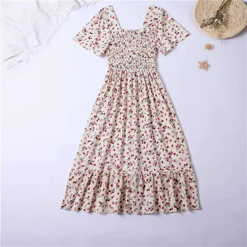 Spring Summer Floral Chiffon Midi Dress For Women With Elastic Waist Short Sleeves Backless Casual Printed