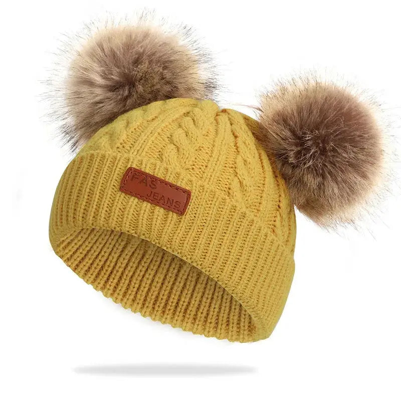 Cute Double Wool Pompom Baby Hat For Kids Warm Autumn Winter Knitted Beanie Cap For Boys And Girls