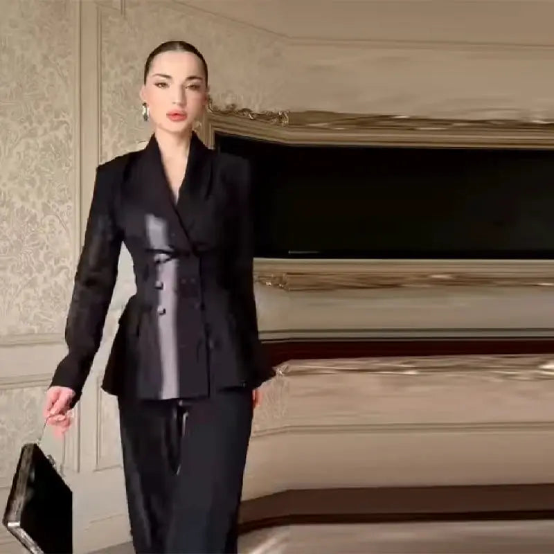 Beading A-Line blazer jacket and pants set in black with lapel, slim waist, and wide-leg pants