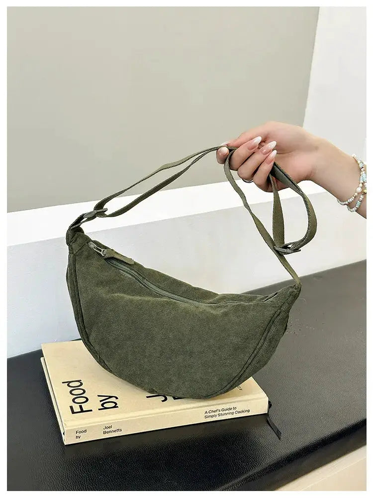 Solid olive green corduroy women's hobo shoulder bag with long crossbody strap