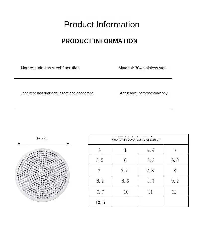 Drain hair catcher stopper; round stainless steel perforated drain cover.