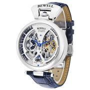 BEWELL skeleton automatic watch with blue leather strap and stainless steel case, visible gears.