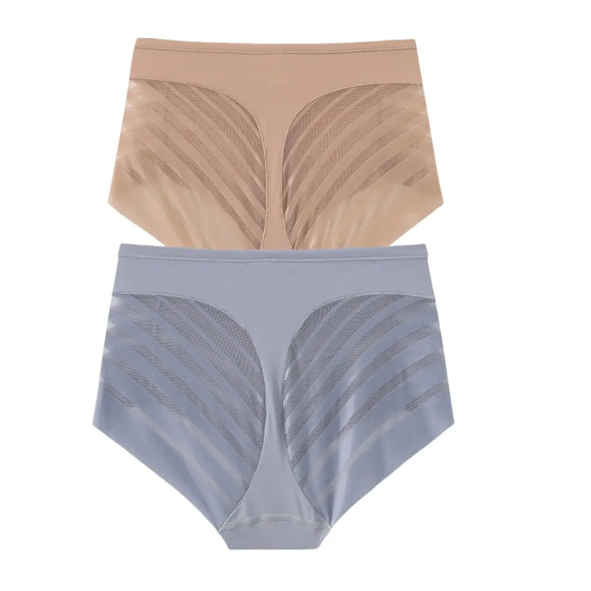 2-pack Simples Market women's ice silk tummy-control briefs, mid-waist mesh-shaping with butt lifter; beige and blue