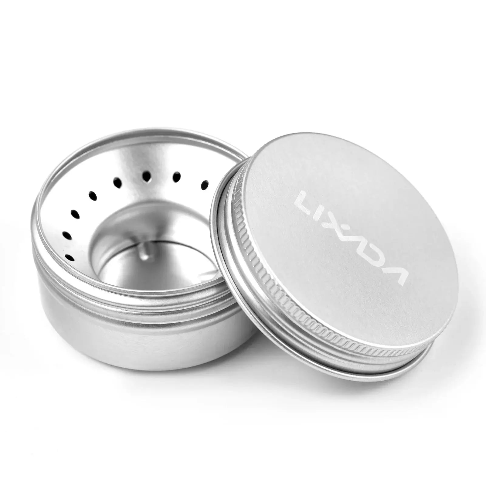 Mini aluminum alcohol stove with small stainless steel windshield; two-piece camping stove set