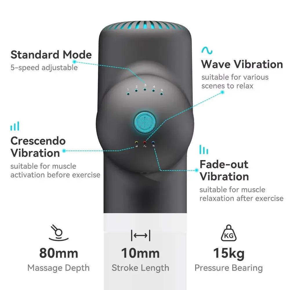 Booster Massage Gun neck massager with teal accents; 80mm depth, 10mm stroke, 5-speed standard mode