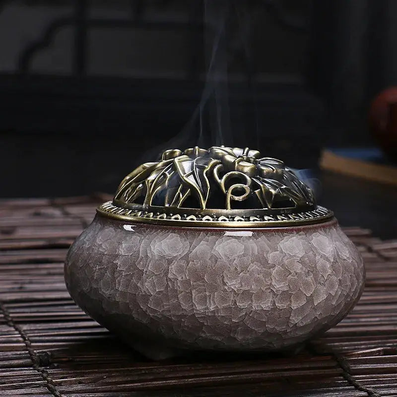 Ceramic Ice Crack Plate Incense Burner With Antique Copper Cover Aroma Diffuser Home Decor