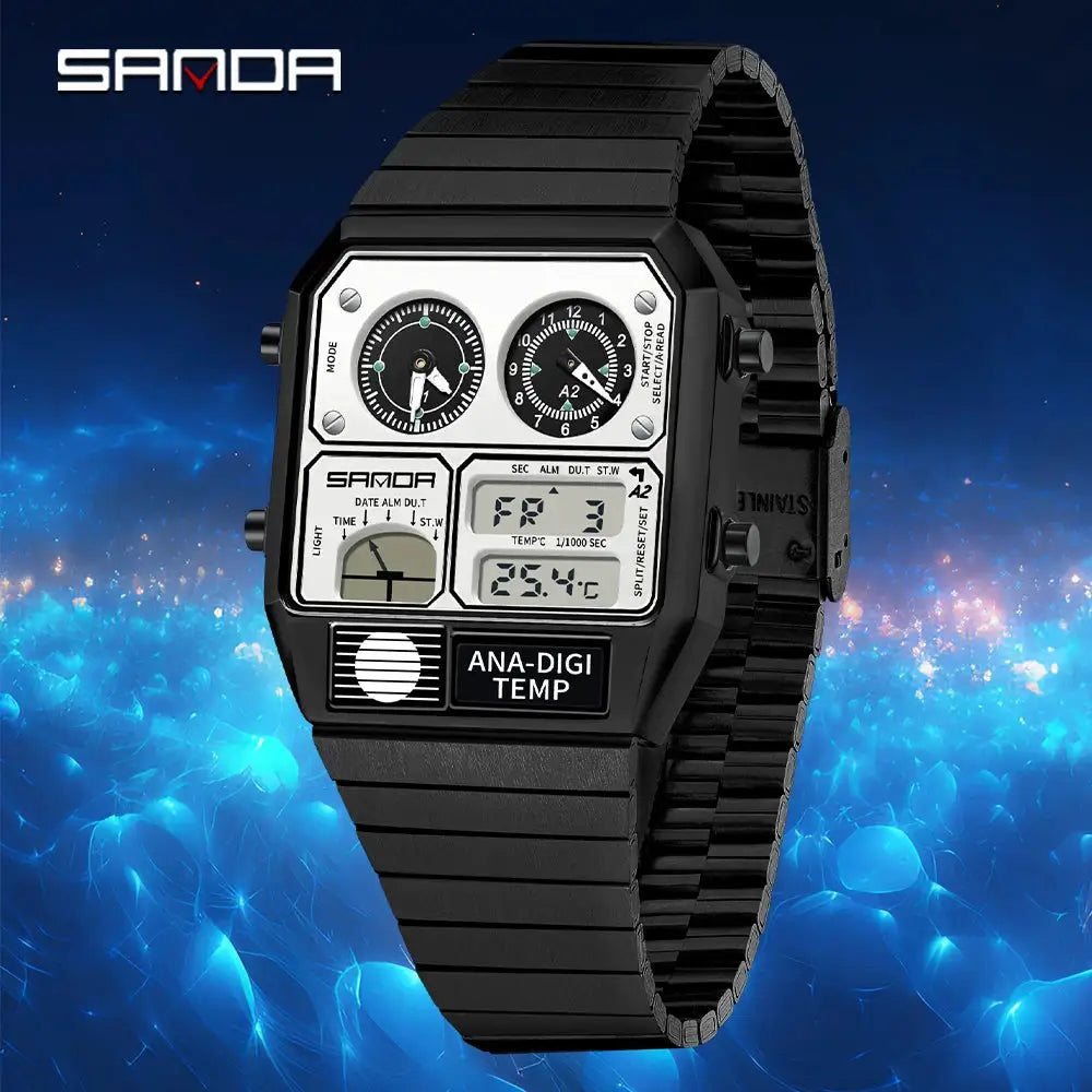 Sanda 3192 Mens Square Digital Analog Watch Waterproof Led Thermometer Stopwatch Sporty Durable Timepiece