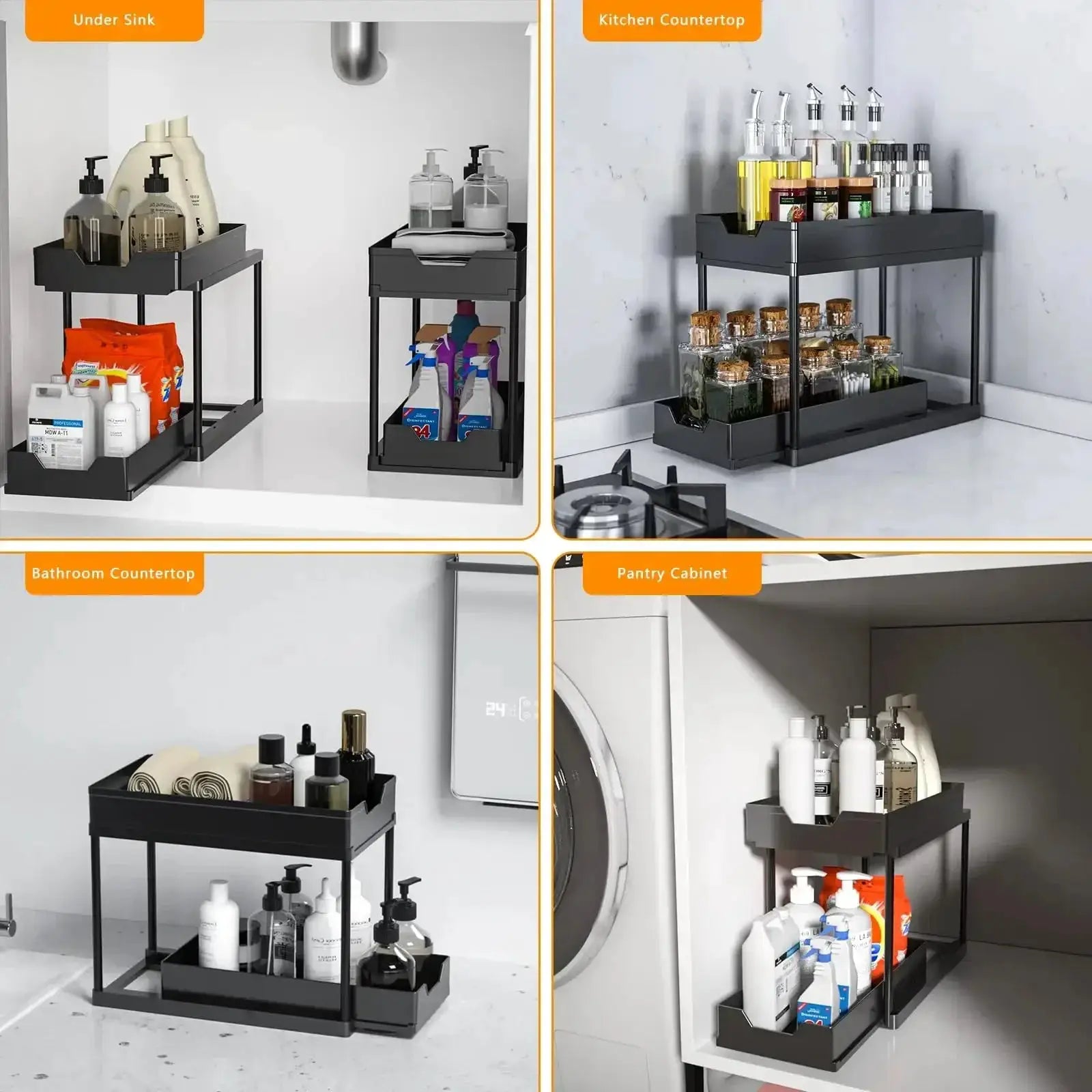 Simples Market two-tier under-sink sliding cabinet basket organizer with hooks, black metal rack for kitchen/bathroom