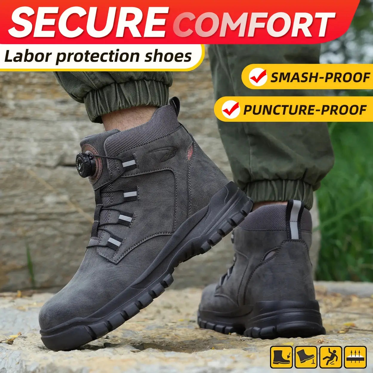 Rotating Button Work Shoes For Men Anti Puncture Waterproof Steel Toe Non Slip Safety Boots