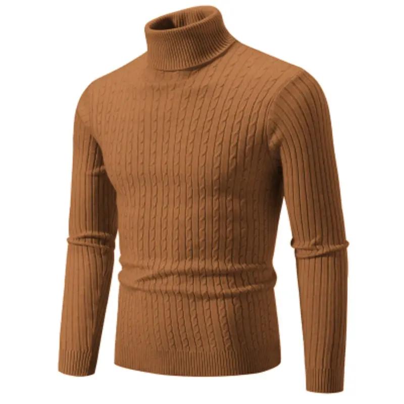 Men's camel brown solid-color turtleneck knitted sweater with cable-knit pattern