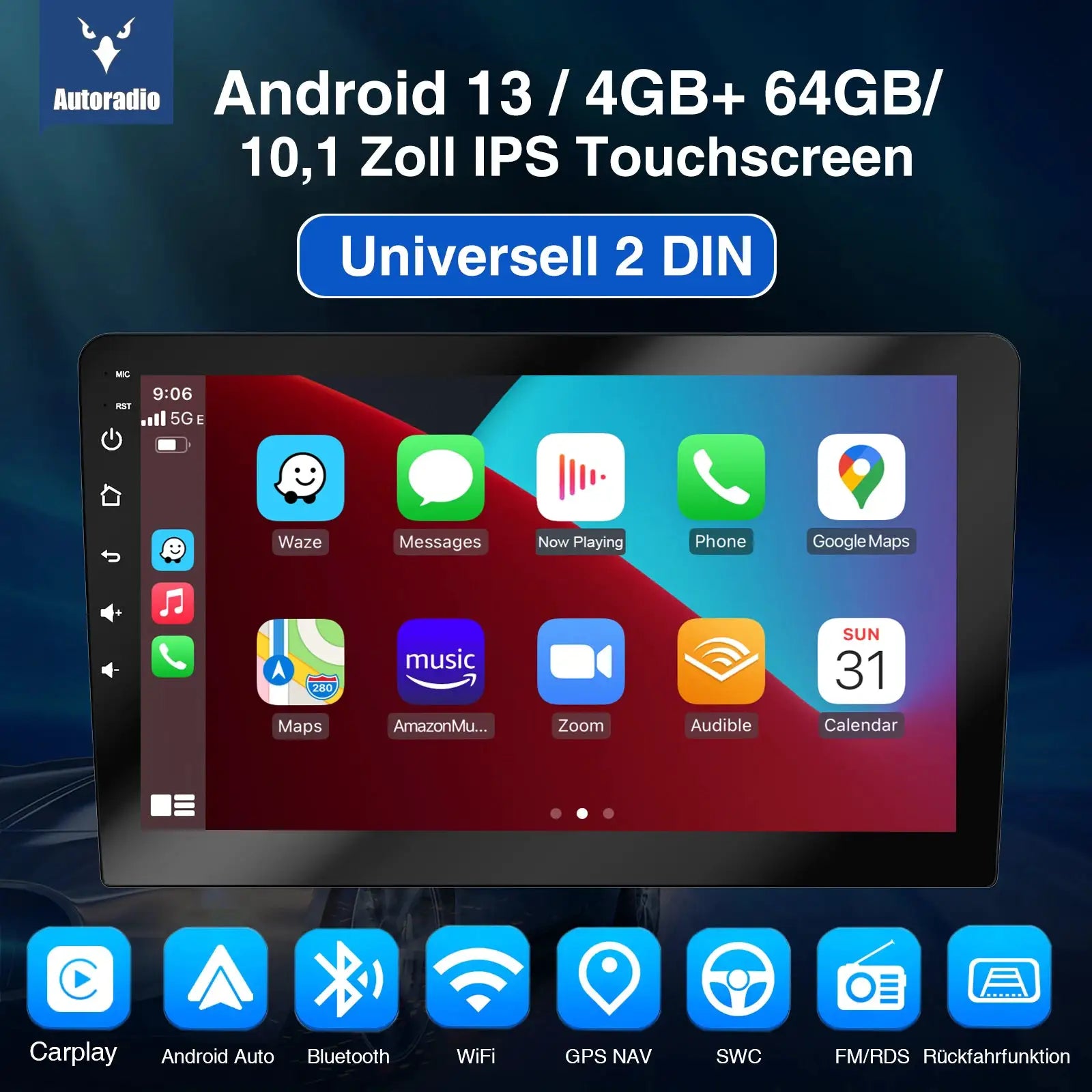 Black 2-DIN Android Auto car stereo with 10.1-inch IPS touchscreen, Android 13, 4GB+64GB, universal fit
