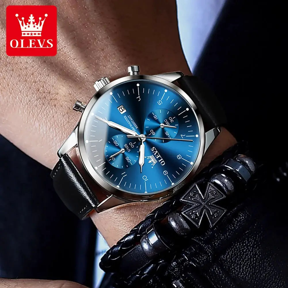 OLEVS 2-piece wristwatch and bracelet set; blue dial, black leather strap, stainless steel case; QLEVS logo visible