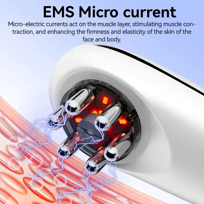 EMS micro-current massager for face and body by Simples Market in white with red LED indicators