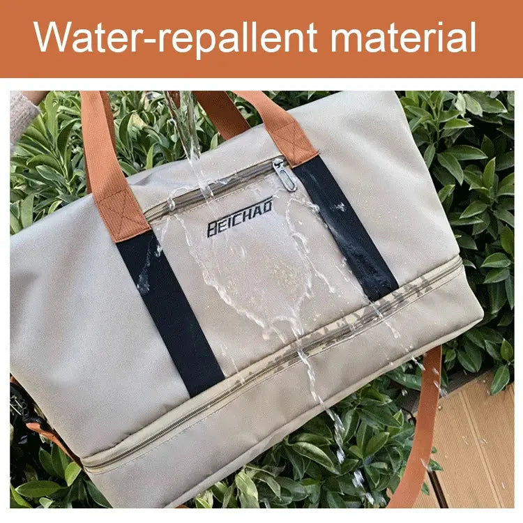 Travel gym bag in beige with brown handles, BEICHAO logo, water-repellent material
