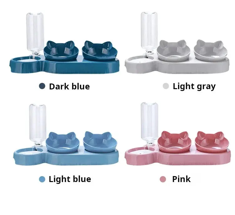 Simples Market pet bowls with water feeder, 3‑in‑1 tilted set with gravity bottle; dark blue, light gray, light blue, pink