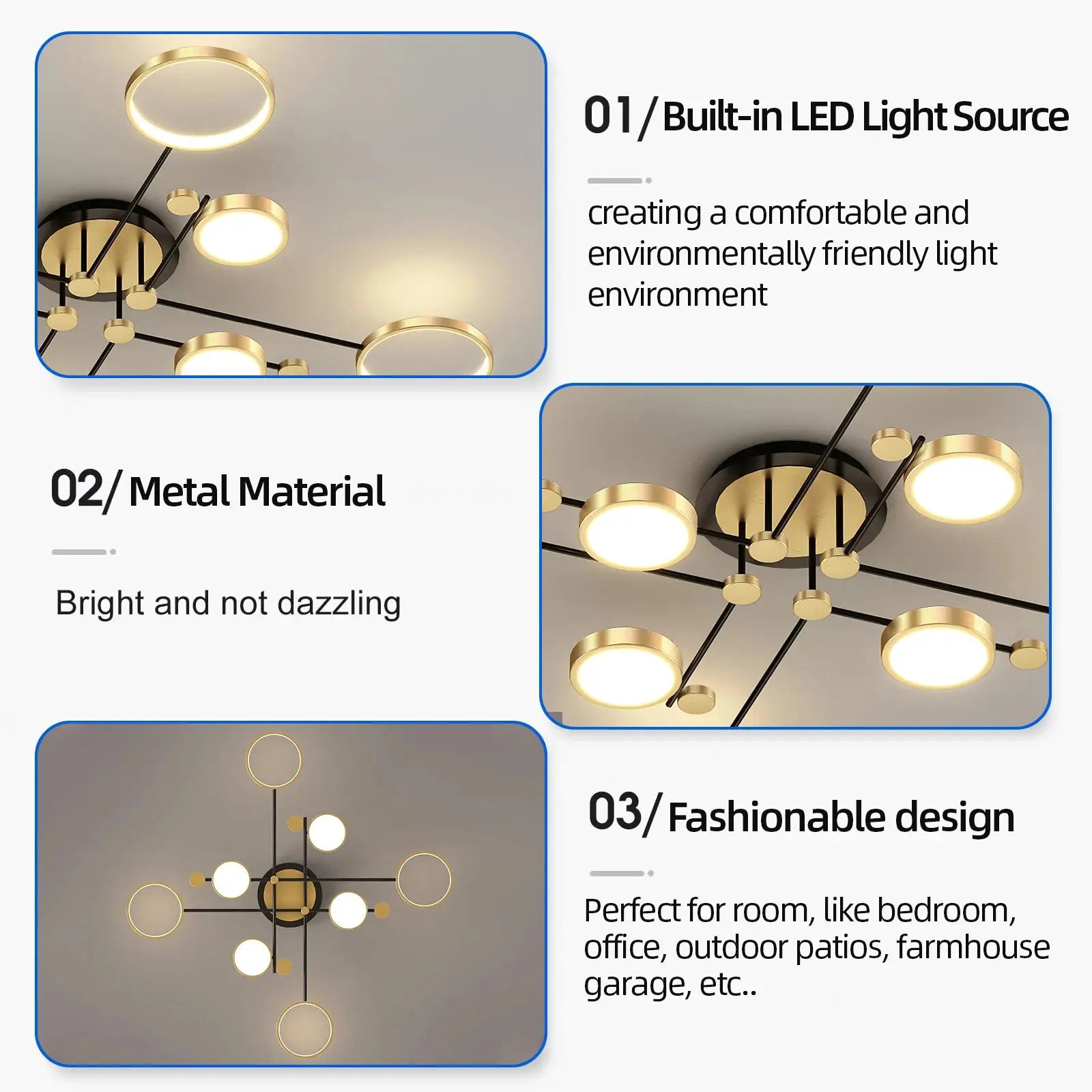 Modern gold LED chandelier ceiling light by Simples Market with circular ring diffusers