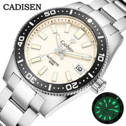 CADISEN diver men's watch, stainless steel bracelet, beige dial, luminous markers, automatic, 100m water resistant, date.