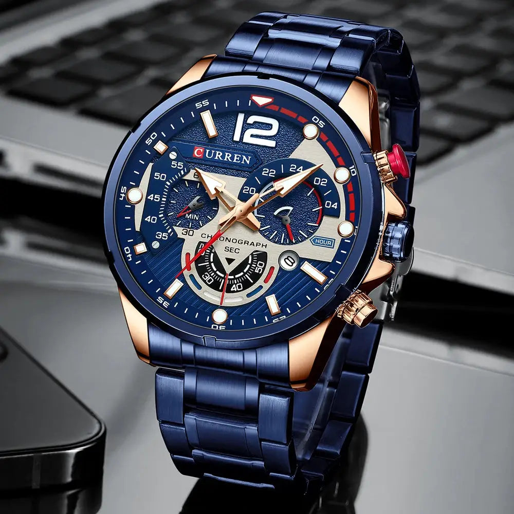 Curren men's chronograph watch with blue stainless steel band and rose-gold case.
