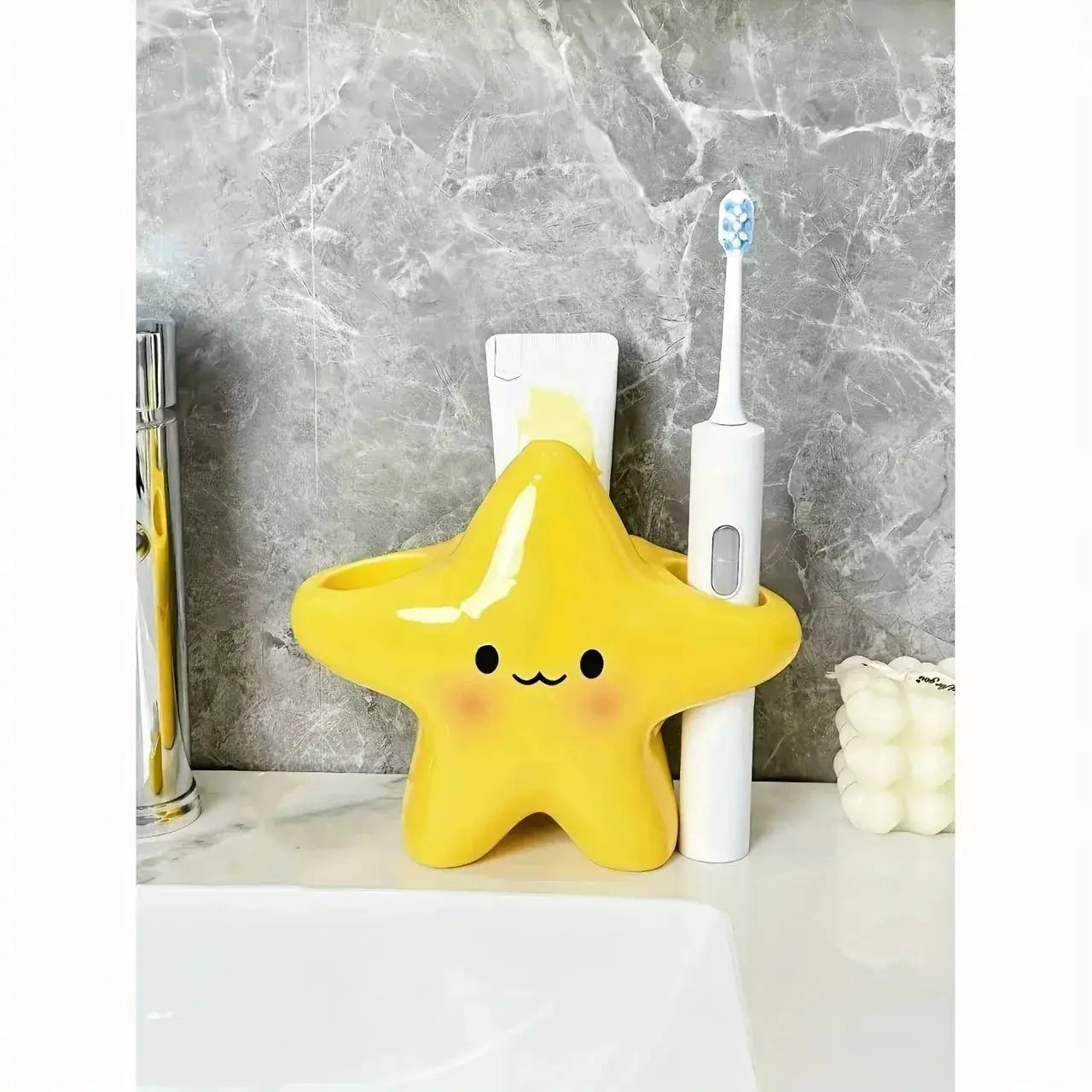 Yellow star-shaped toothbrush holder with cute face, freestanding bathroom organizer for toothbrush and toothpaste