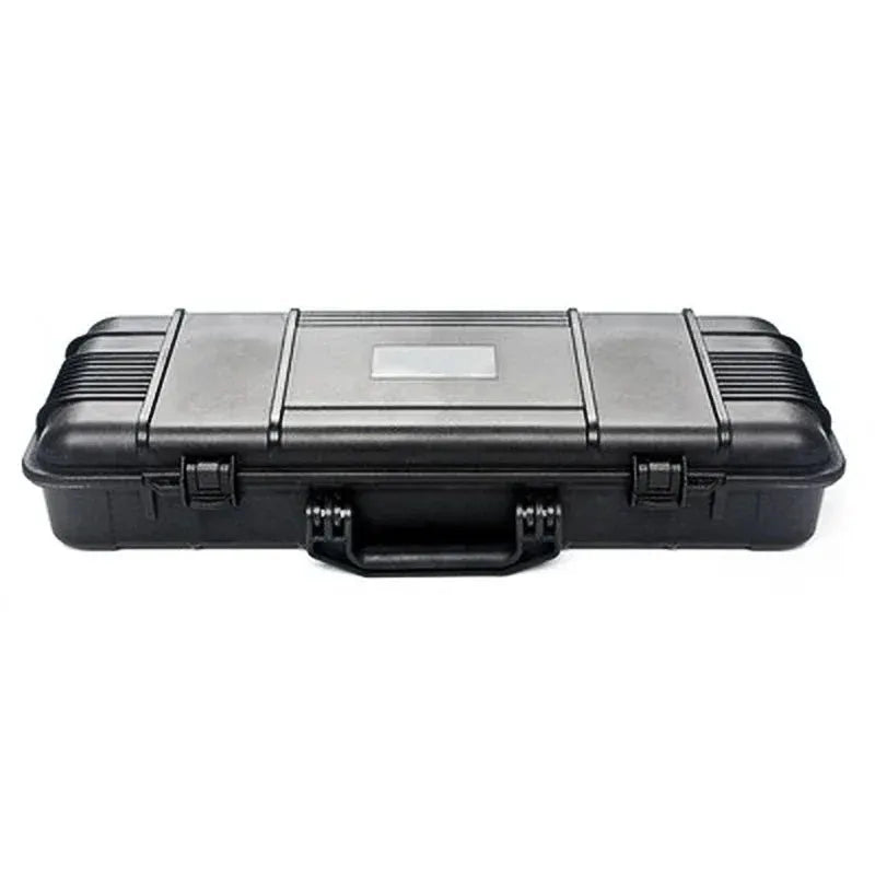 Waterproof hard carry tool case, black plastic storage box with two latches and a handle