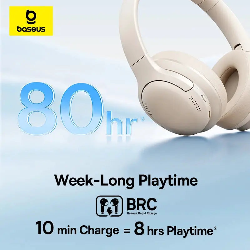 Baseus wireless over-ear headphones, beige, foldable; 80-hour playtime.